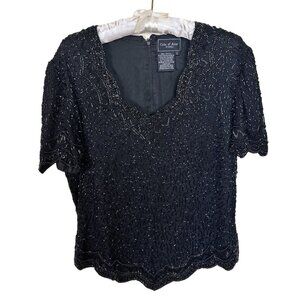Vintage Black Beaded Womens Top Shirt Blouse Largge Cote D' Azur Silk Evening